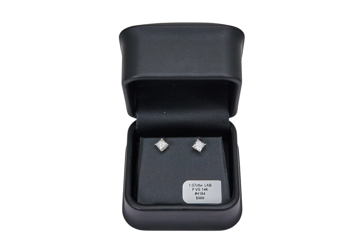 1.07cttw. F VS Lab Grown Princess Cut Diamond Stud Earring in 14K White Gold