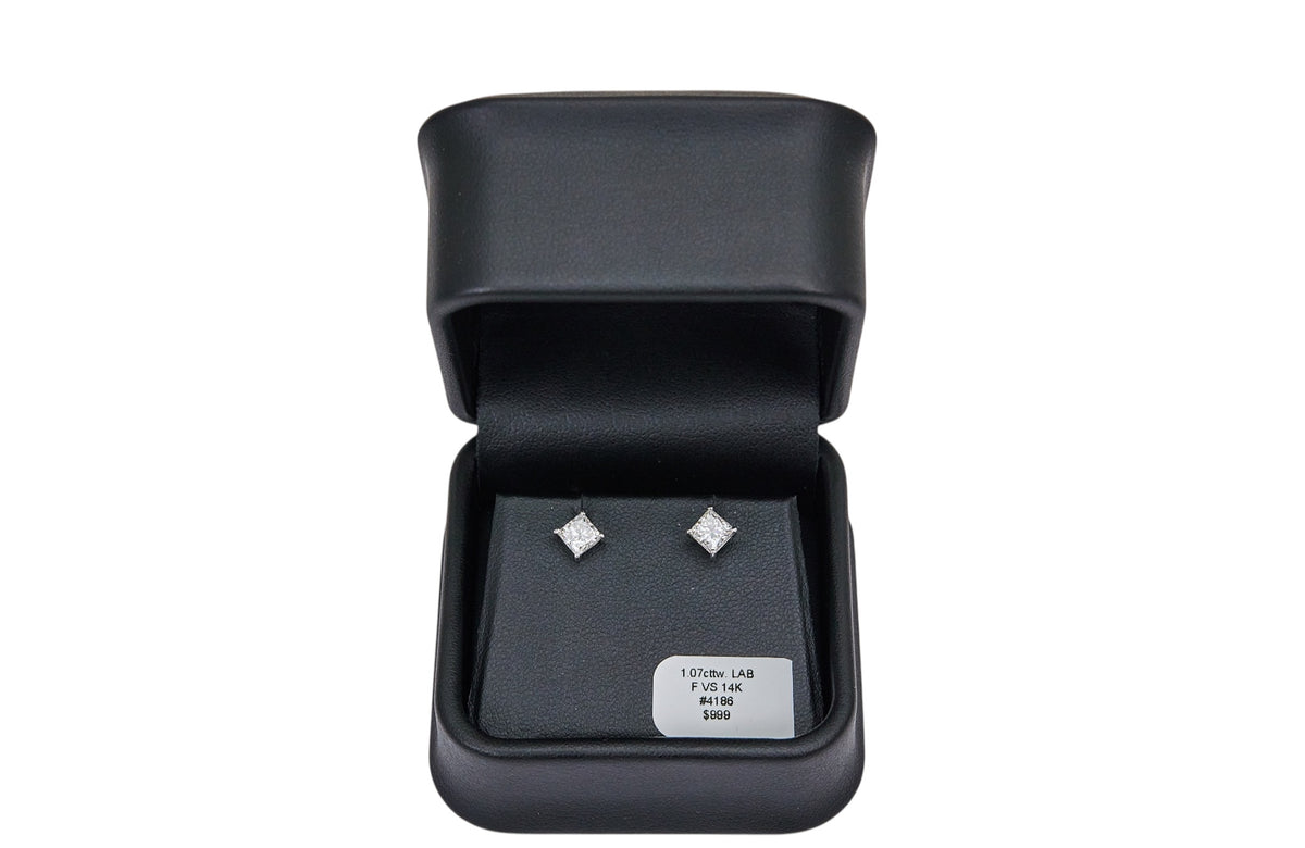 1.07cttw. F VS Lab Grown Princess Cut Diamond Stud Earring in 14K White Gold
