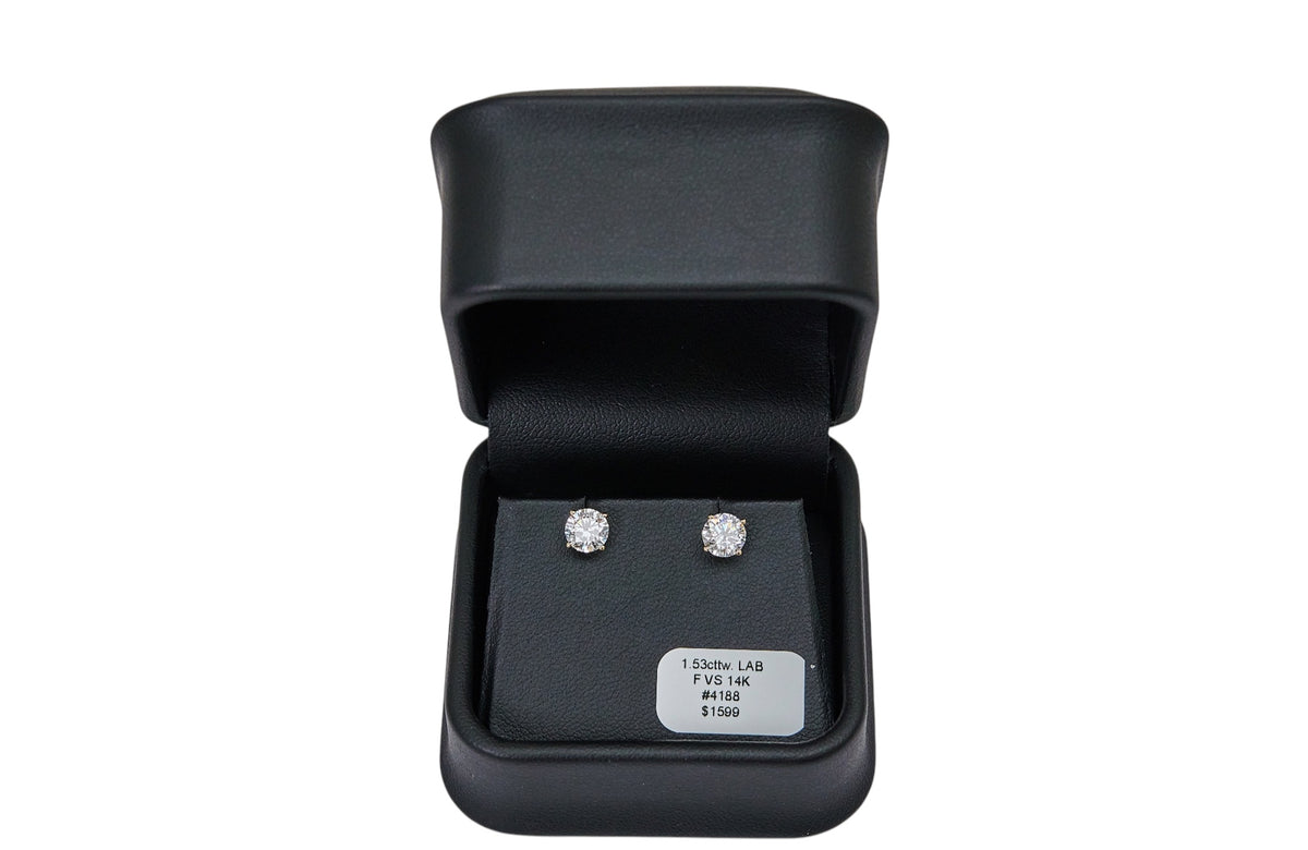 1.53cttw. F VS Lab Grown Round Diamond Studs in 14K Yellow Gold