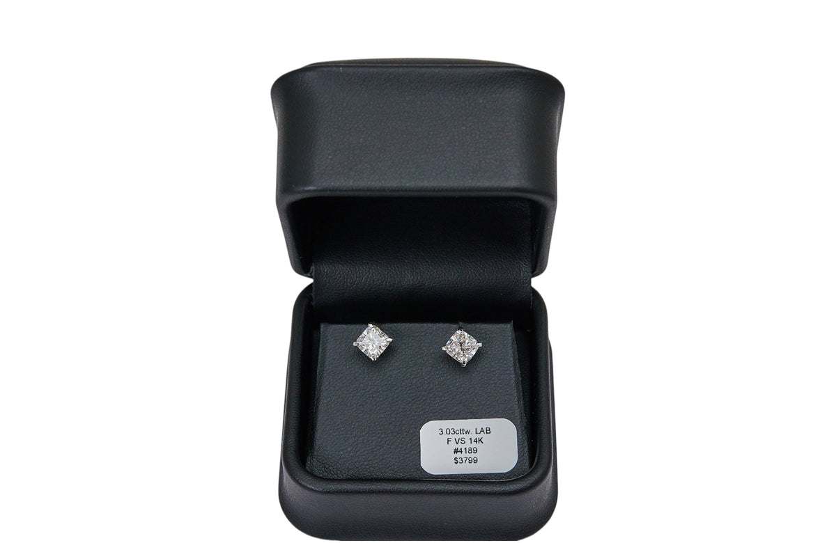 3.03cttw. F VS Lab Cushion Cut Diamond Studs in 14K White Gold
