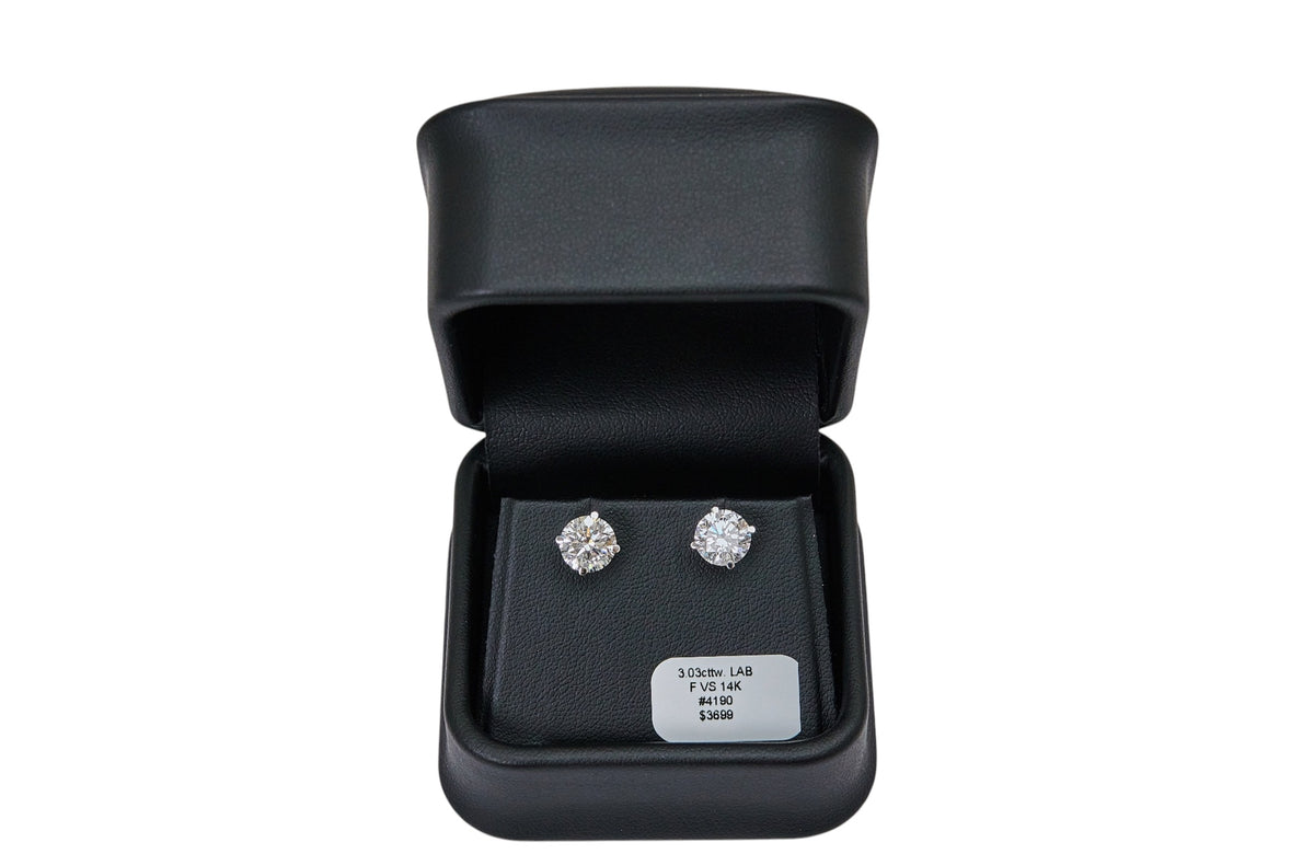 3.03cttw. F VS Lab Grown Round Diamond Studs in 14K White Gold