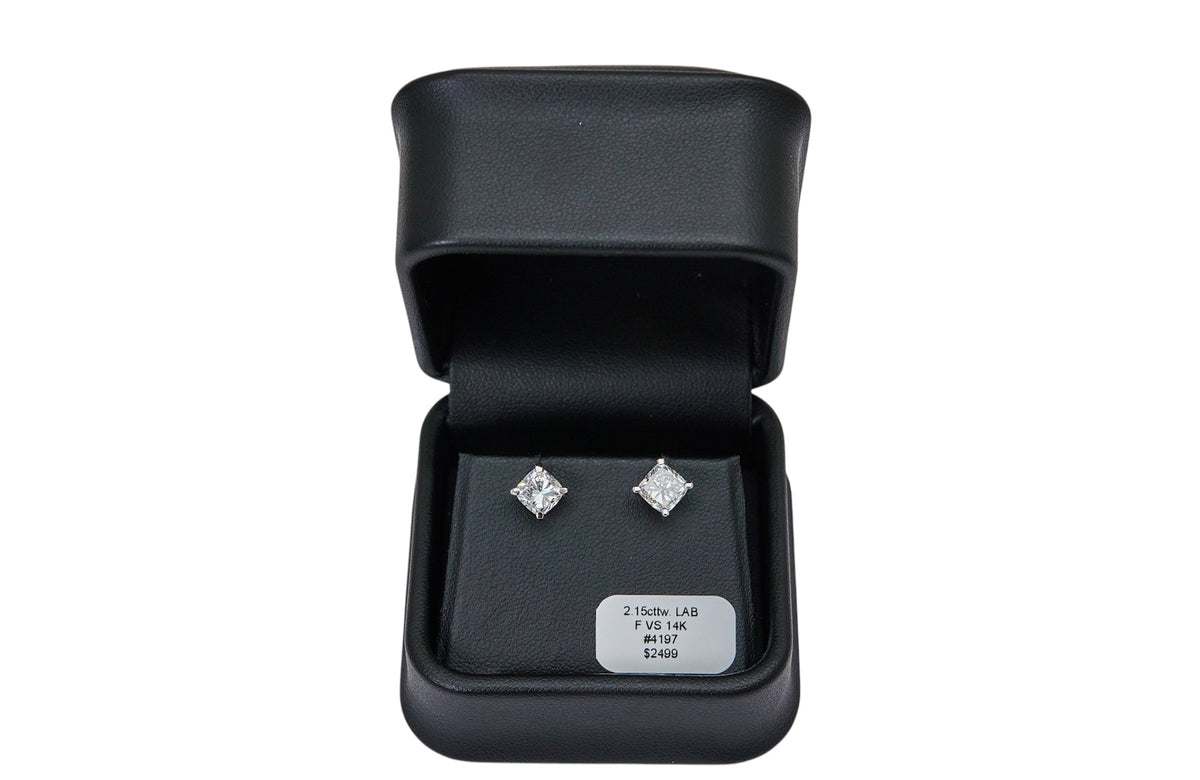 2.15cttw F VS Lab Grown Cushion Diamond Studs Set in 14K White Gold