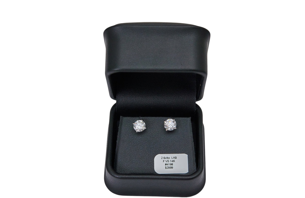 2.6cttw. F VS Lab Grown Round Diamond Studs Set in 14K White Gold