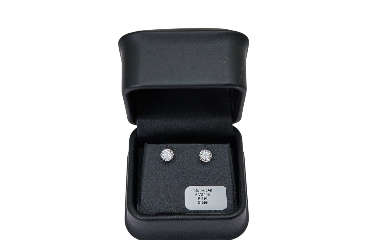 1.5cttw. F VS Lab Grown Round Diamond Studs in 14K White Gold