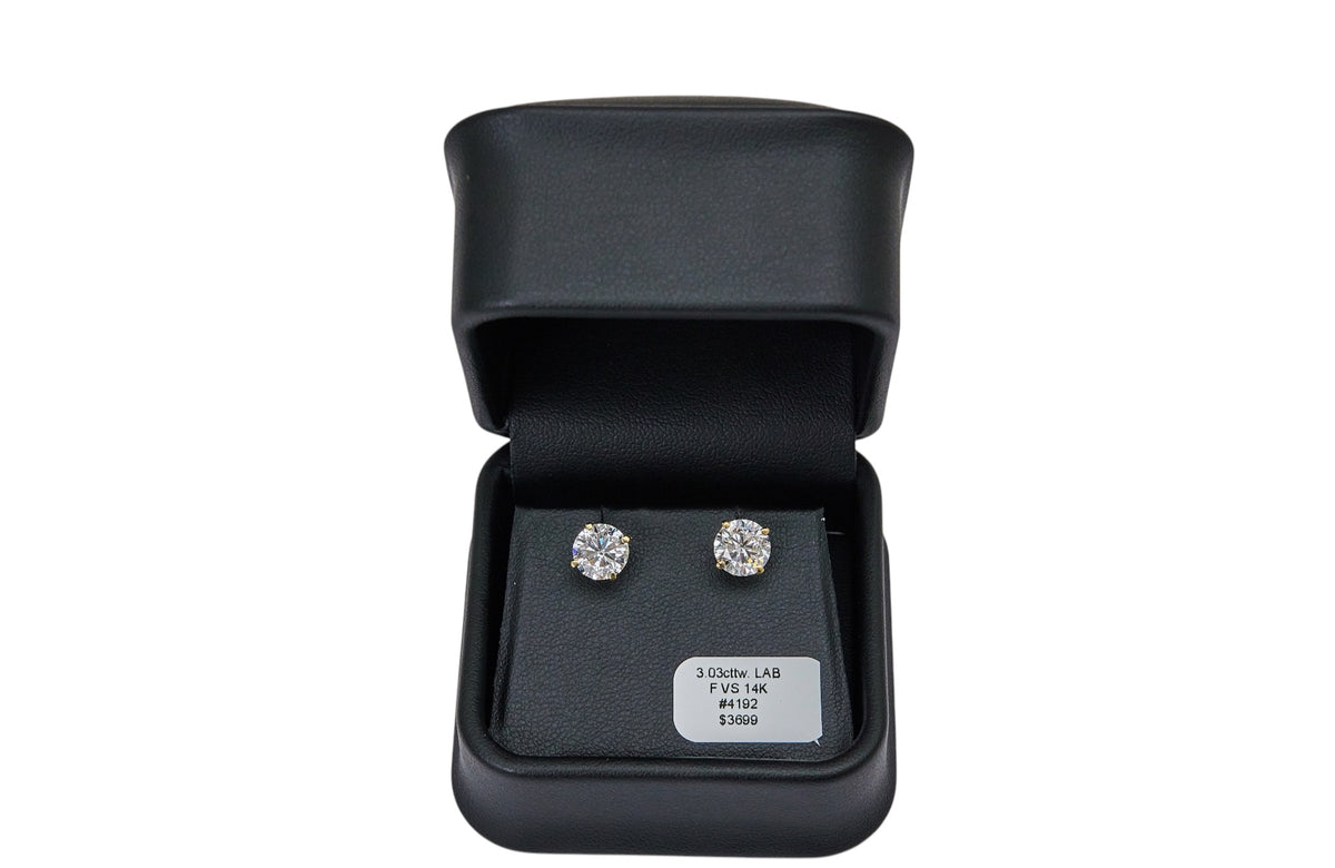 3.03cttw. F VS Lab Grown Round Diamond Studs in 14K Yellow Gold