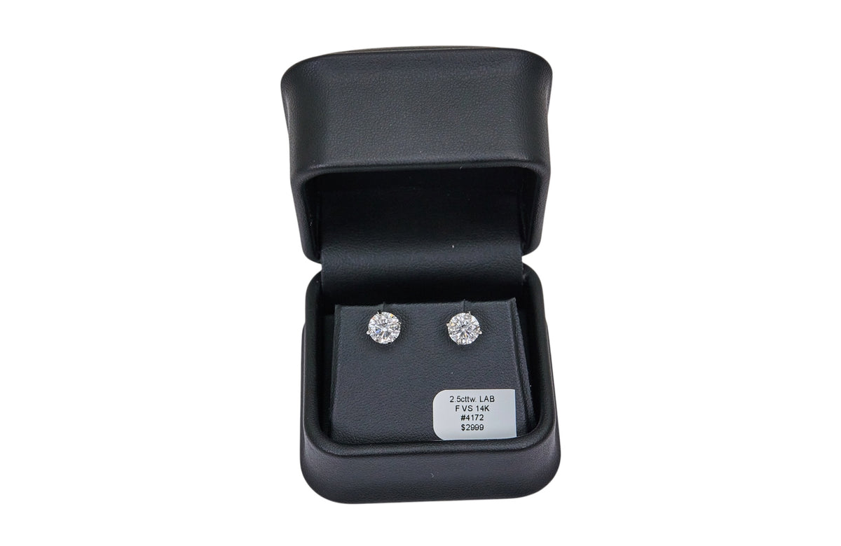 2.5cttw. F VS Lab Grown Round Diamond Studs Set in 14K White Gold