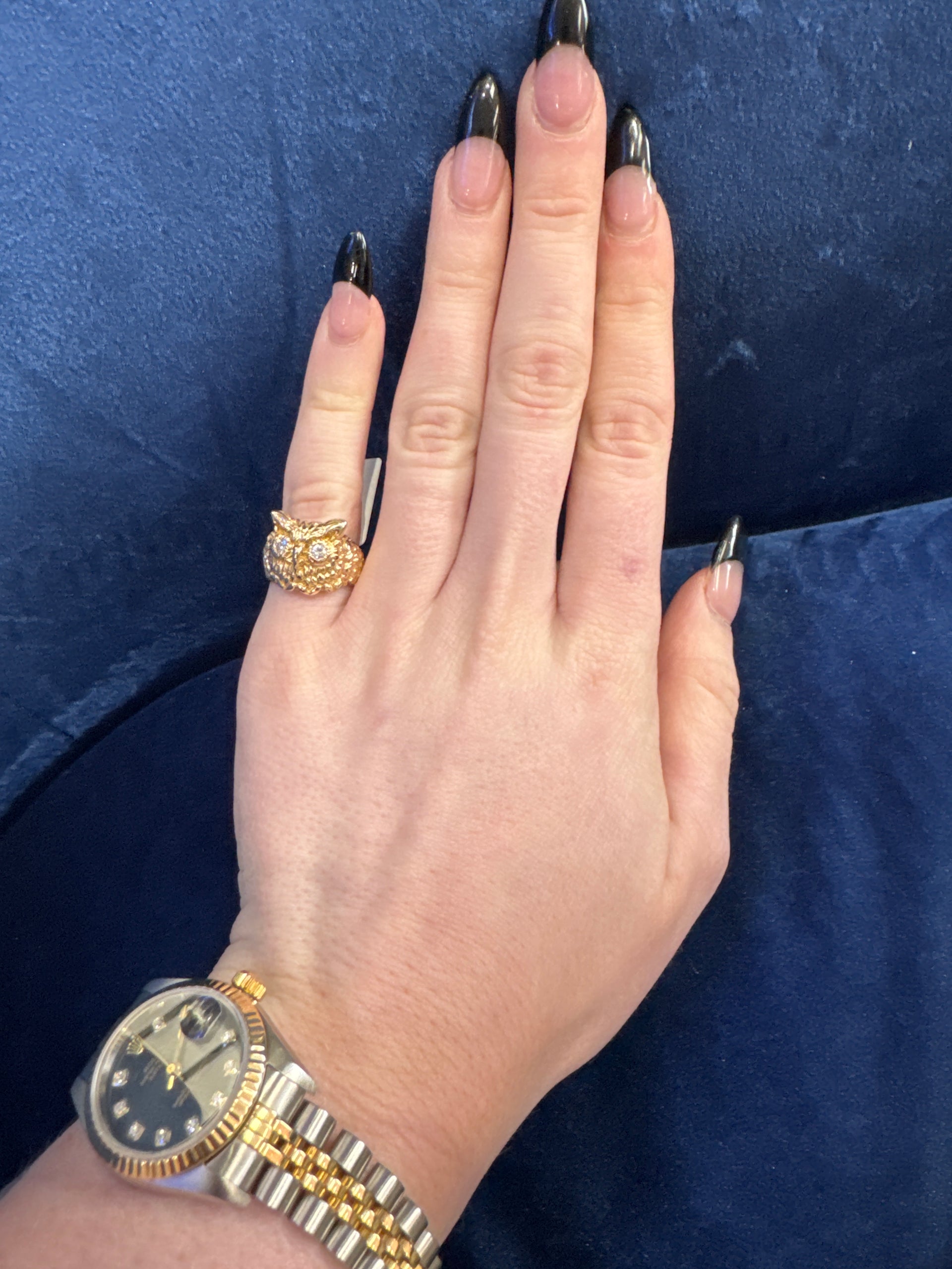 Owl Ring Featuring Natural Diamond Eyes Set in 10K Yellow Gold