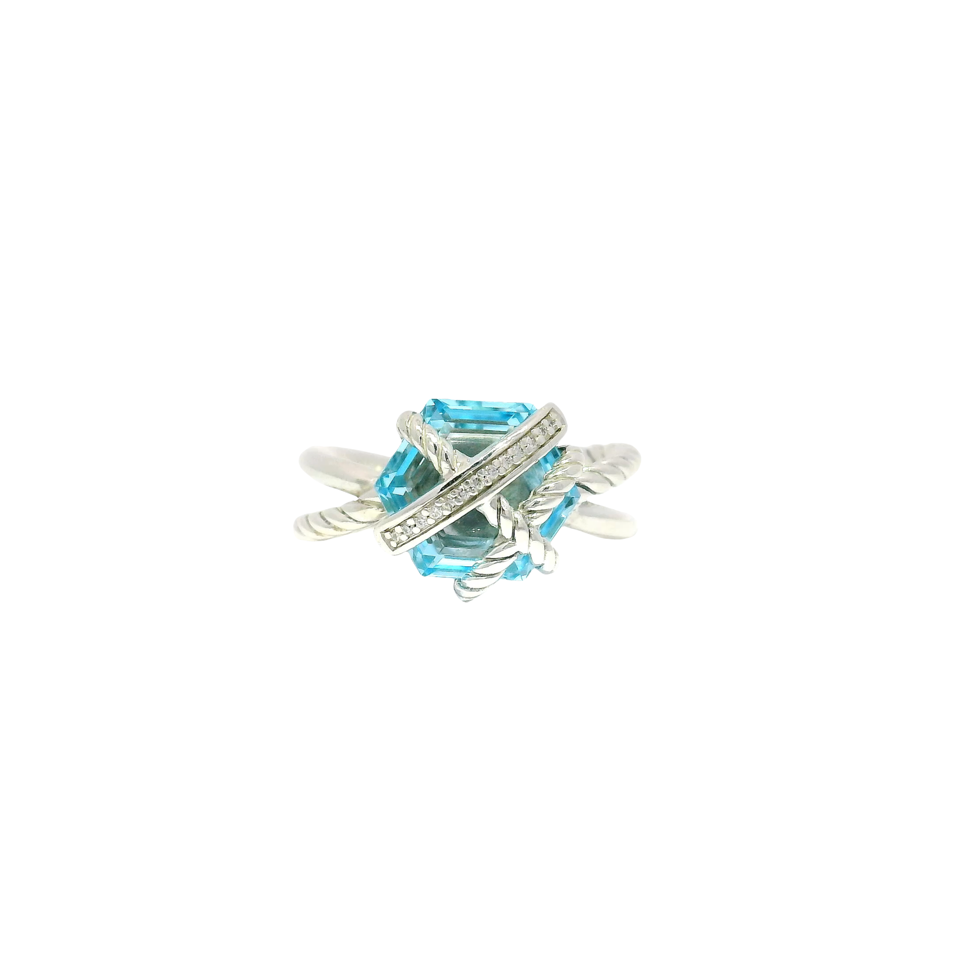David Yurman Cable Wrapped Blue Topaz Ring with Diamond Accents Set in Sterling Silver Sz 6