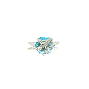 David Yurman Cable Wrapped Blue Topaz Ring with Diamond Accents Set in Sterling Silver Sz 6