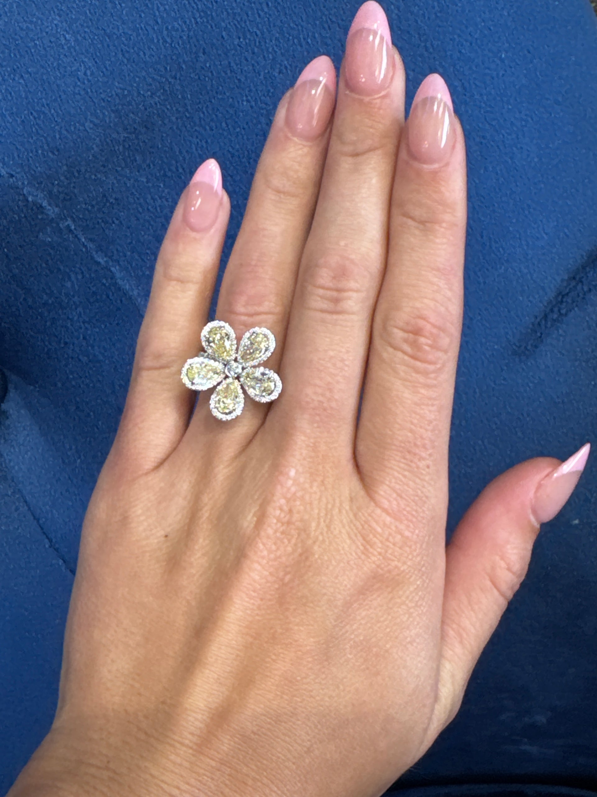 3.25cttw. Lab Grown Fancy Light Yellow Pears & White Round Diamond Flower Ring in 14K White Gold