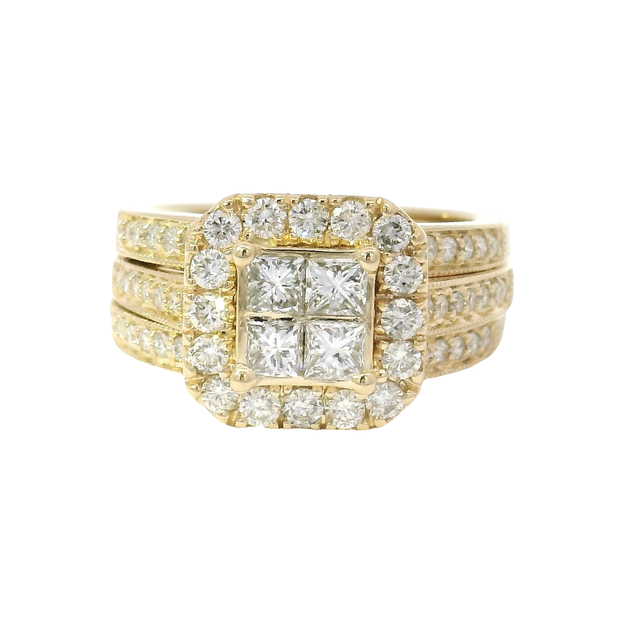 Natural Quad Set Engagement Ring in Halo with Matching Guard Set in 14K Yellow Gold