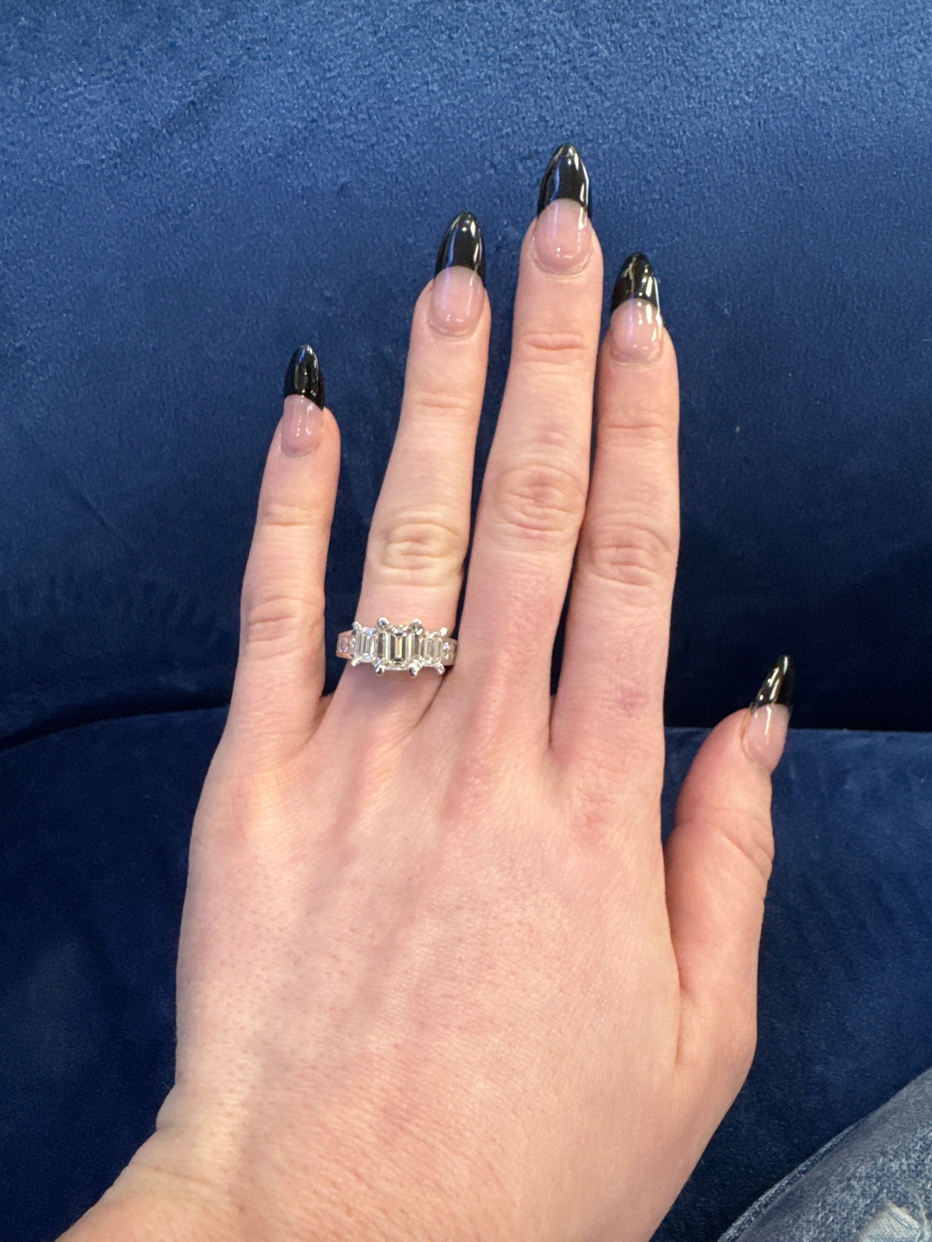 3.15cttw Natural Emerald Cut Diamond Trinity Style Engagement Ring in 14K White Gold