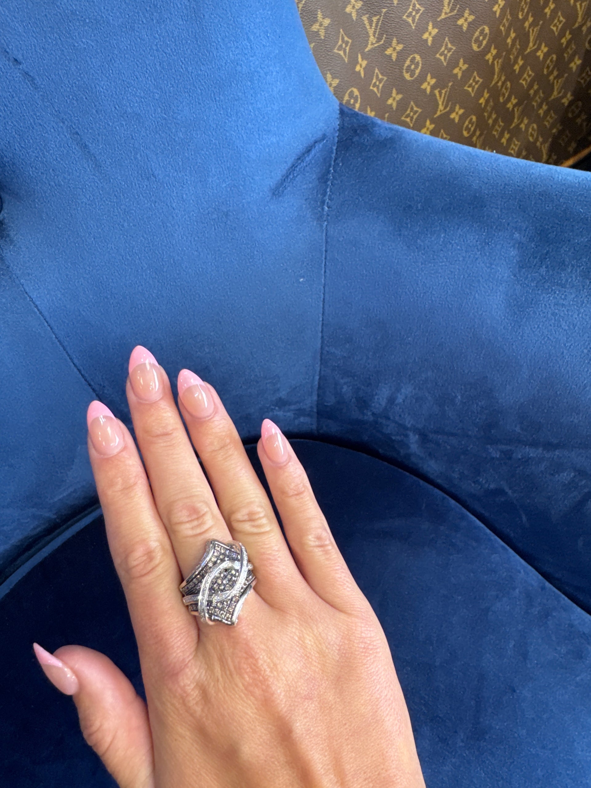 Custom Cluster Cocktail Ring Featuring Champagne and White Diamonds in 14K White Gold