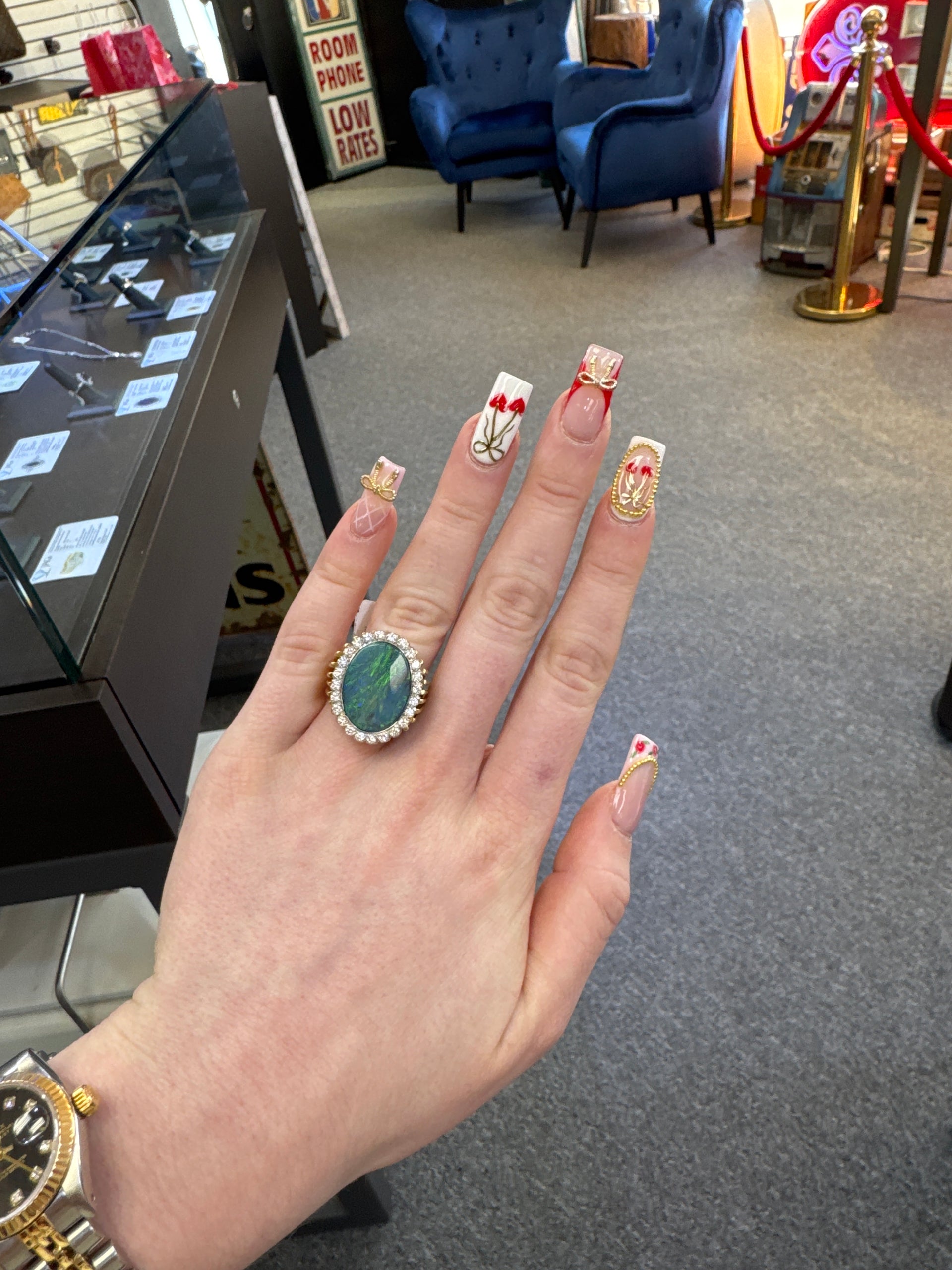 Vintage Opal Ring Featuring Natural Diamond Set in 18K Yellow Gold