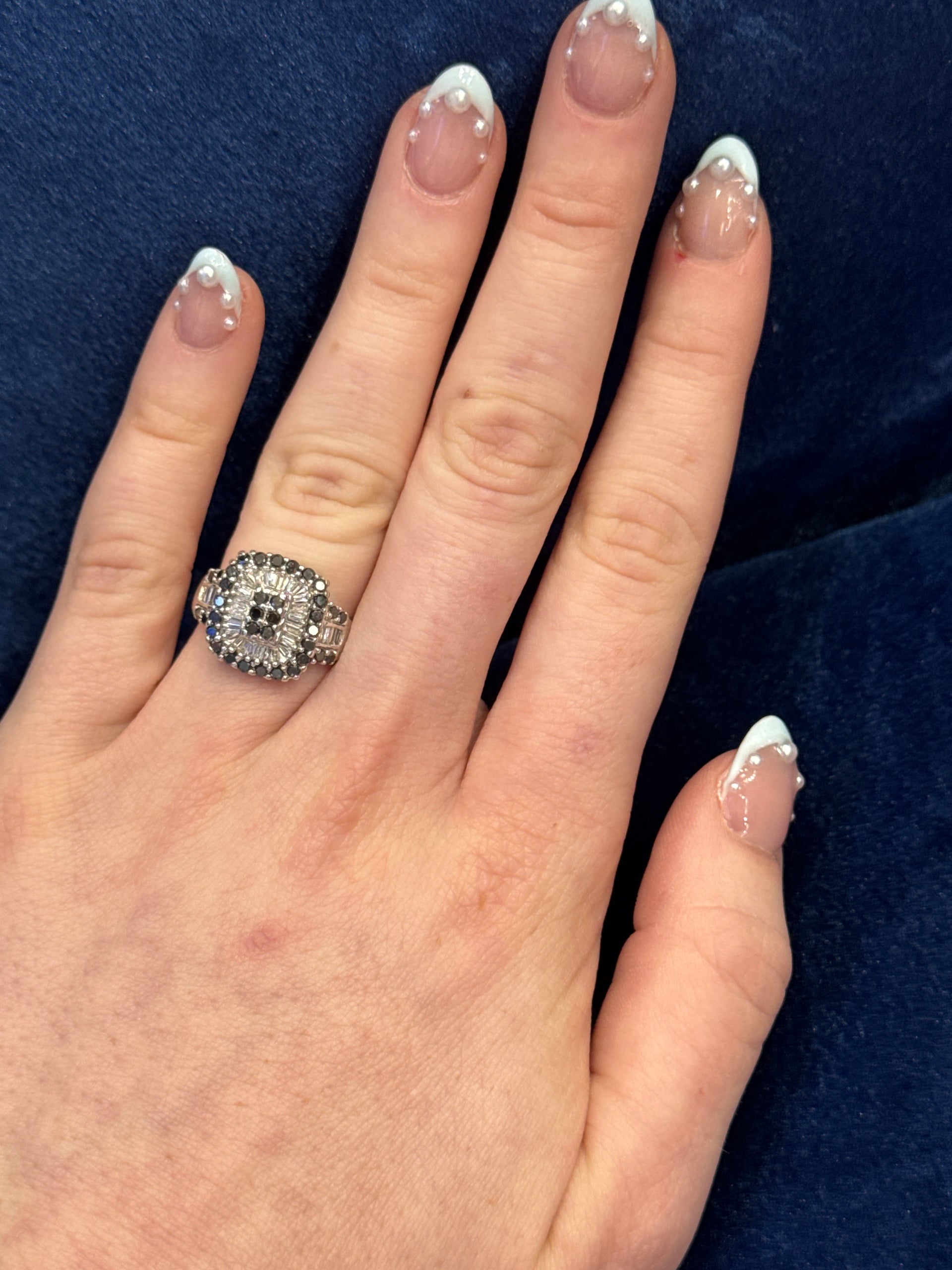 Natural Round Black Diamond and White Baguette Diamond Cocktail Ring Set in 14K White Gold