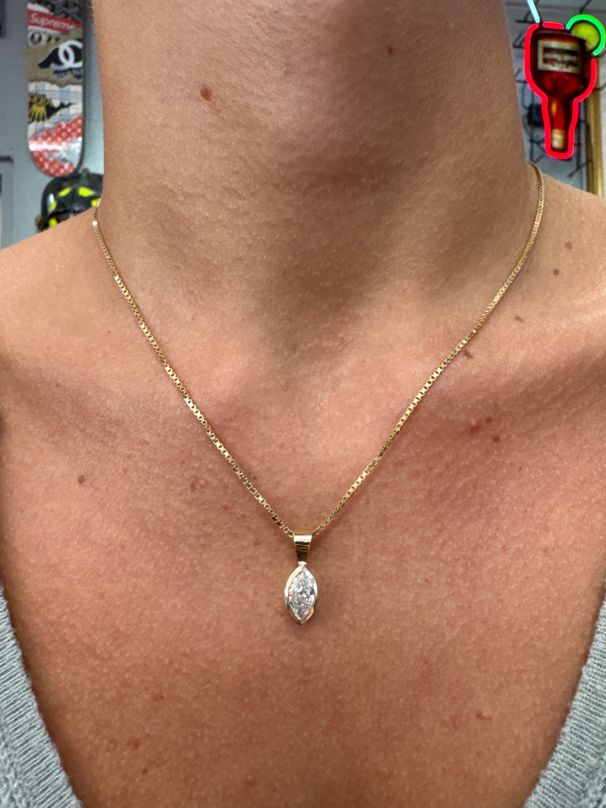1ct. Natural Marquise Diamond Bezel Set in 14K Yellow Gold on 14K Yellow Gold Box Chain