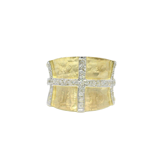 Textured 14K Yellow Gold Geometric Statement Ring Feautring Natural Diamonds Sz 8