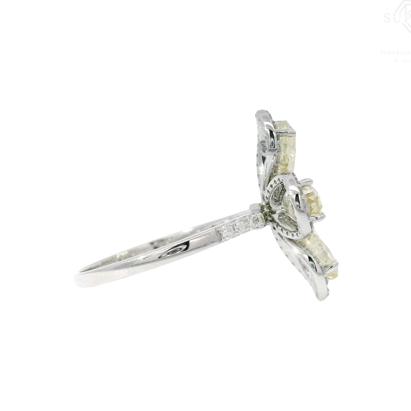 3.25cttw. Lab Grown Fancy Light Yellow Pears & White Round Diamond Flower Ring in 14K White Gold