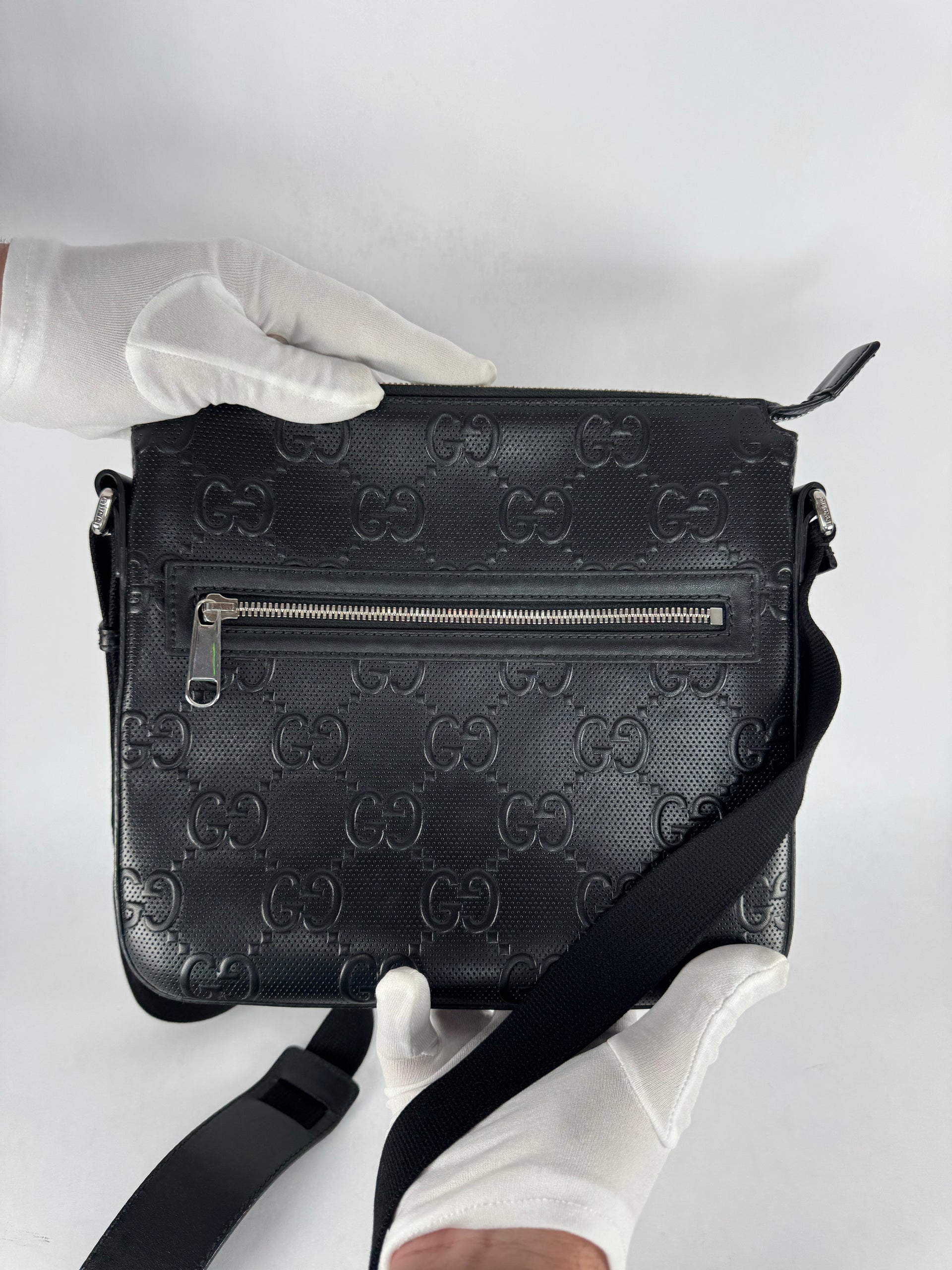 Gucci Black Embossed GG Monogram Messenger Bag