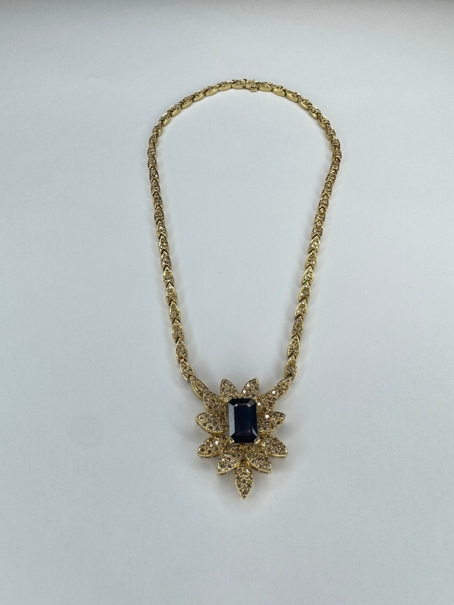 8.98ct. Sapphire Necklace Set in 14K Diamond Encrusted Yellow Gold