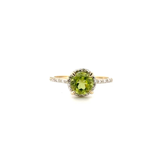 Round Green Lab Stone Set in 10K Yellow Gold & Diamond Mounting