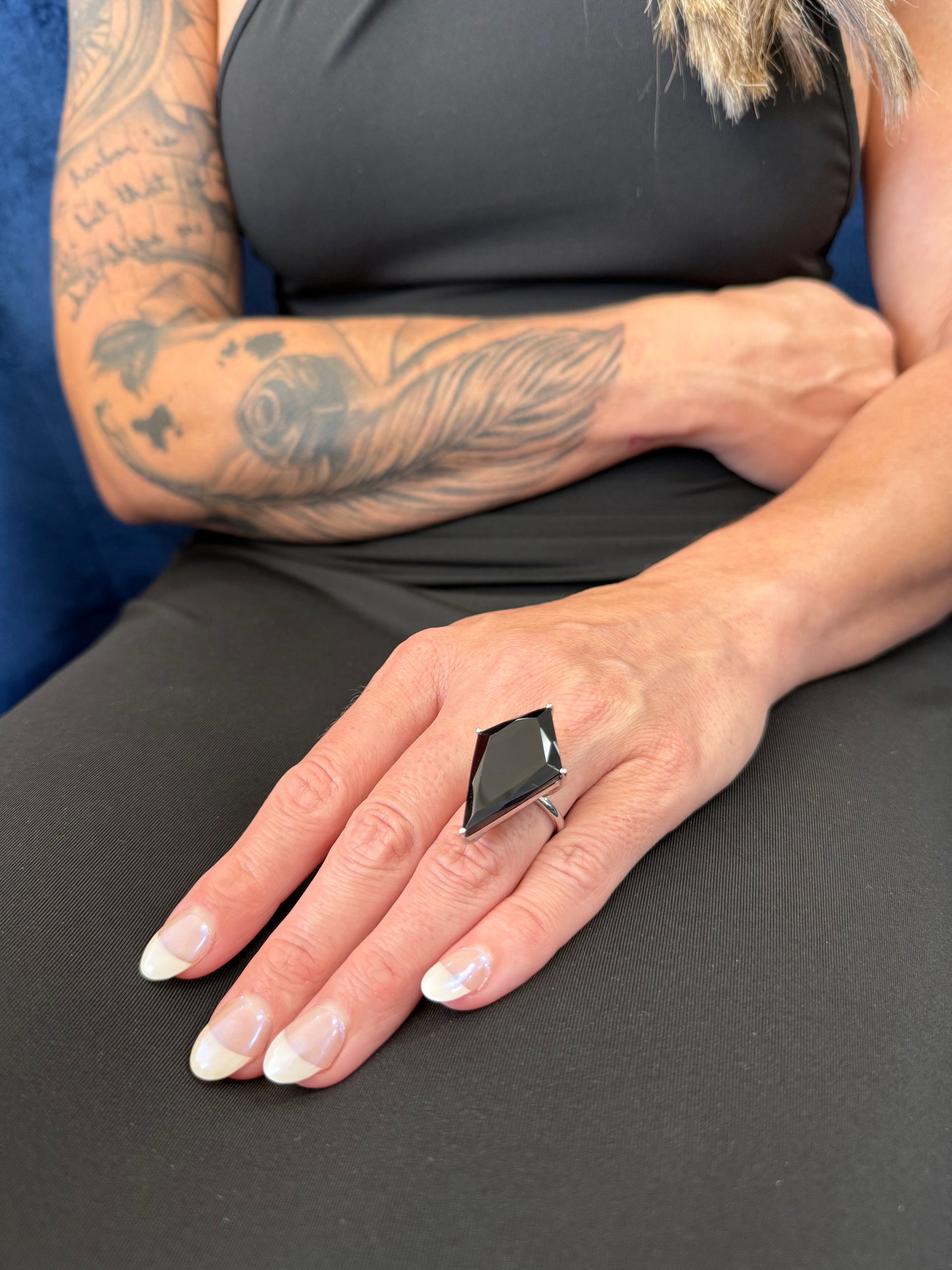 Kite Shaped Black Onyx Set in 14k White Gold