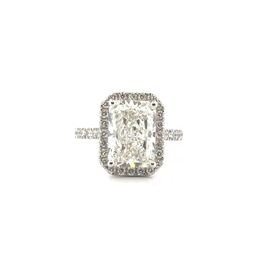 5.09ct. F VS1 Lab Grown Elongated Radiant Diamond Set in 14K White Gold Halo