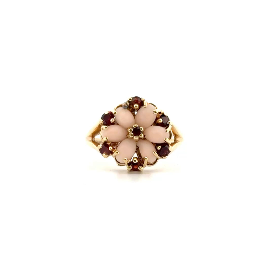 Coral and Garnet Ring Set in 14K Yellow Gold