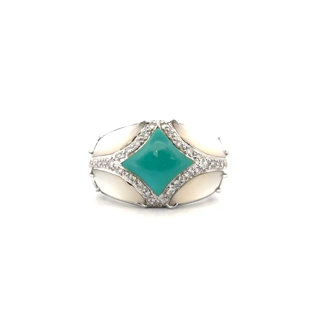 Turquoise & Mother of Pearl Ring With Diamond Accents Set in 14K White Gold