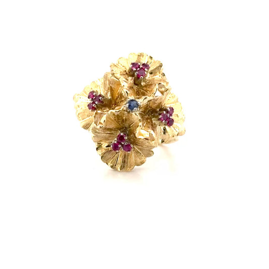 Ruby & Sapphire Flower Style Estate Ring Set in 18K Yellow Gold