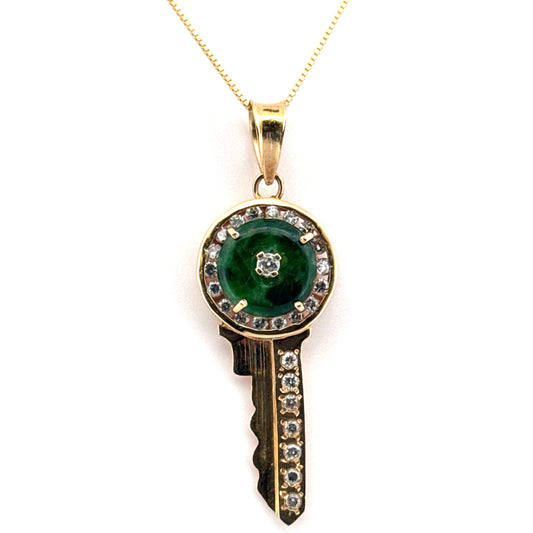 Jade & Diamond Key Pendant Set in 18K Yellow Gold