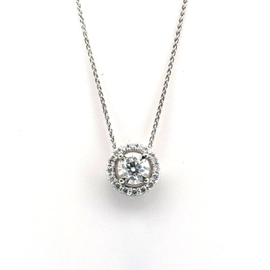Natural Round Diamond Pendant in Halo on 14 White Gold Wheat Chain