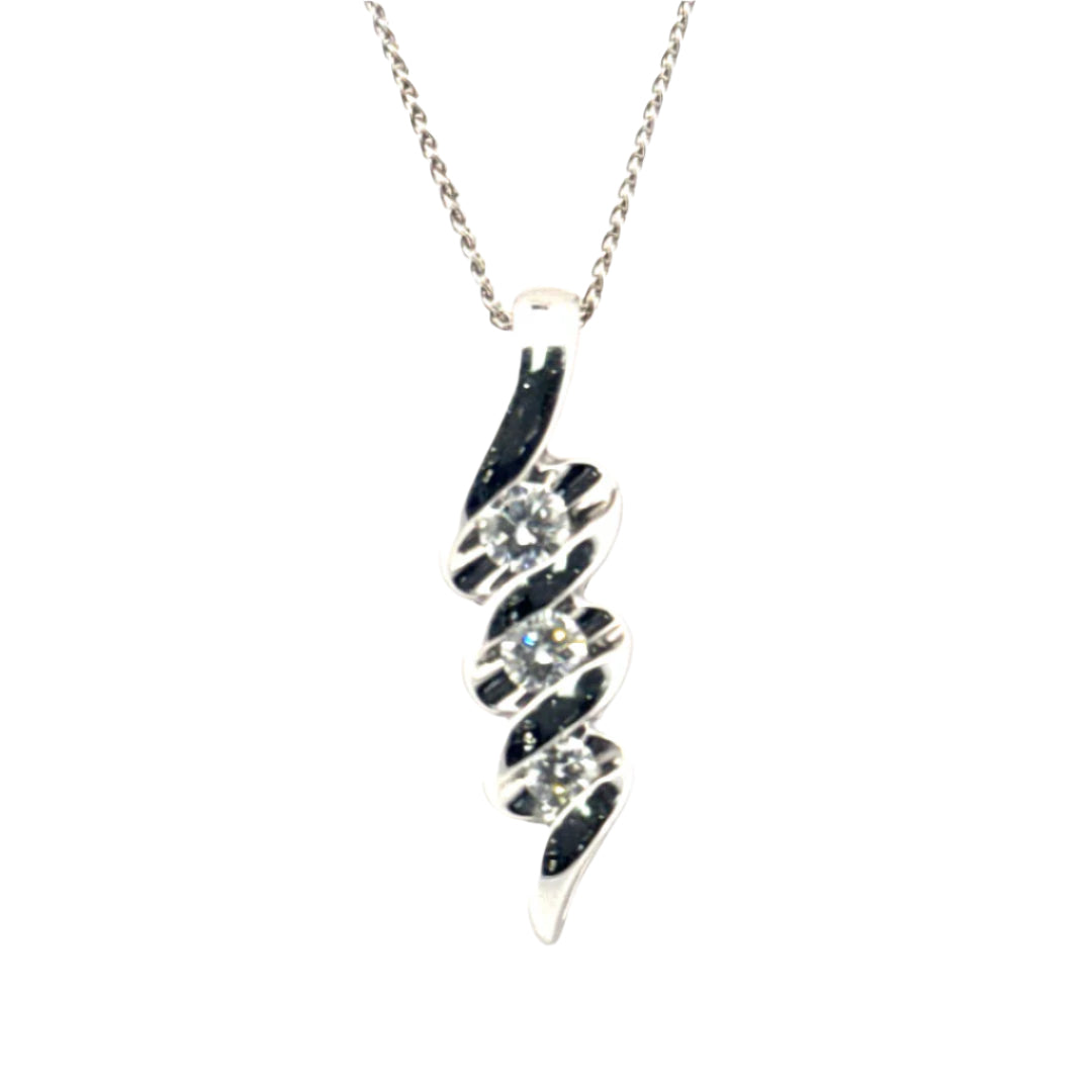 Three Stone Diamond Pendant in 14K White Gold on 14K White Gold Wheat Chain