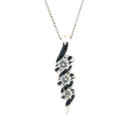 Three Stone Diamond Pendant in 14K White Gold on 14K White Gold Wheat Chain