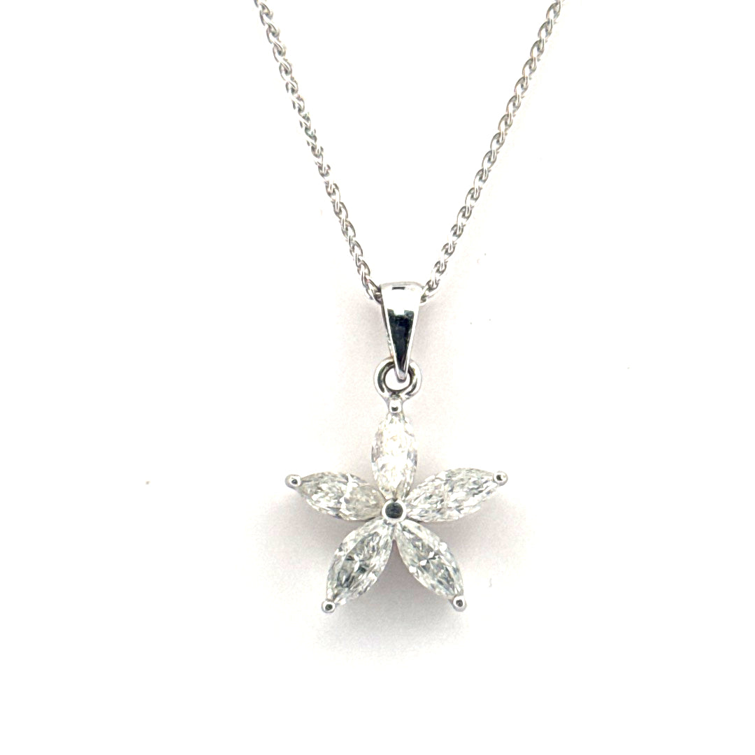 Marquise Diamond Flower Pendant on 14K White Gold Chain