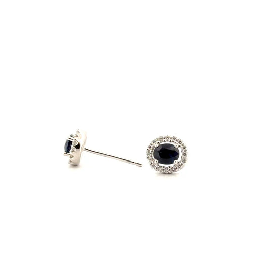 Natural Oval Cut Sapphire & Diamond Ear Studs Set in 14K White Gold