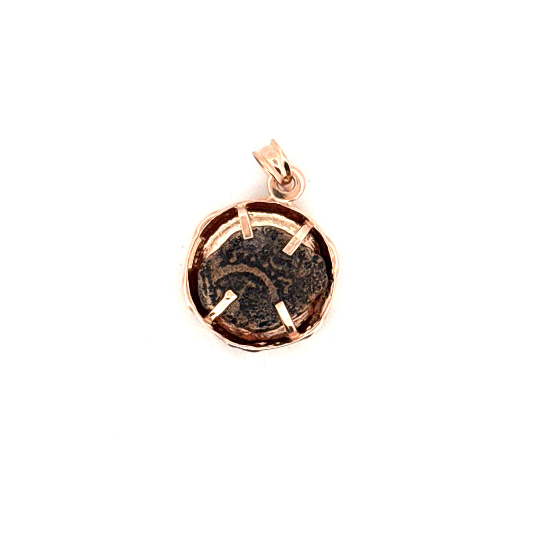 Ancient Coin Pendant Set in 14K Rose Gold Nautical Style Mounting