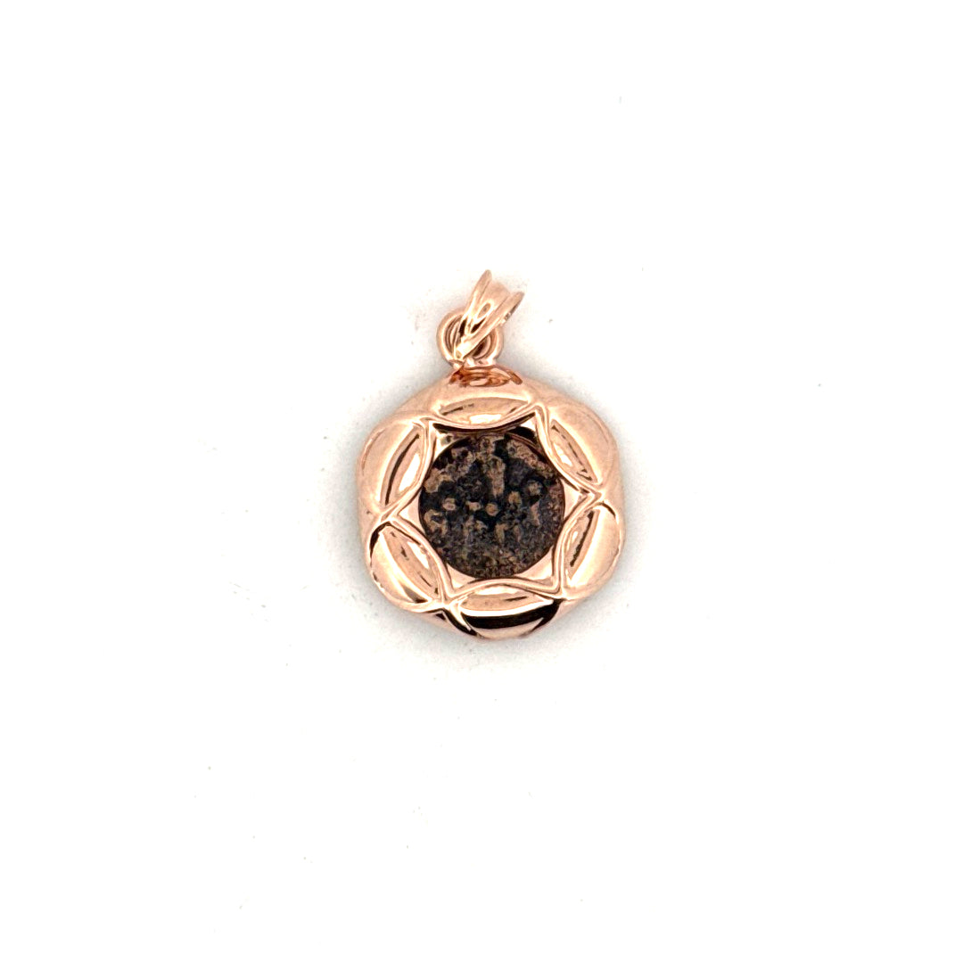 Ancient Coin Pendant Set in 14K Rose Gold Nautical Style Mounting