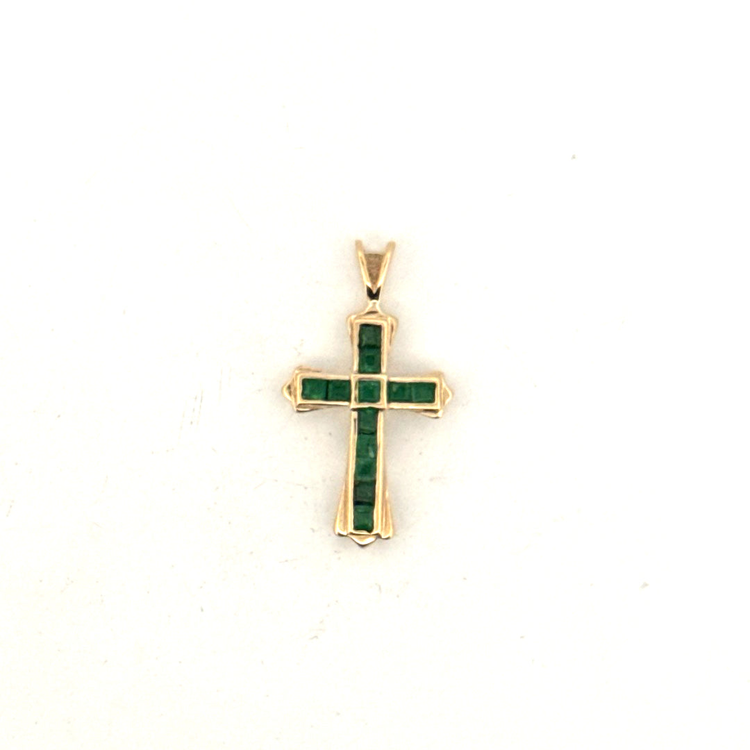 Natural Emerald Cross Pendant in 10K Yellow Gold