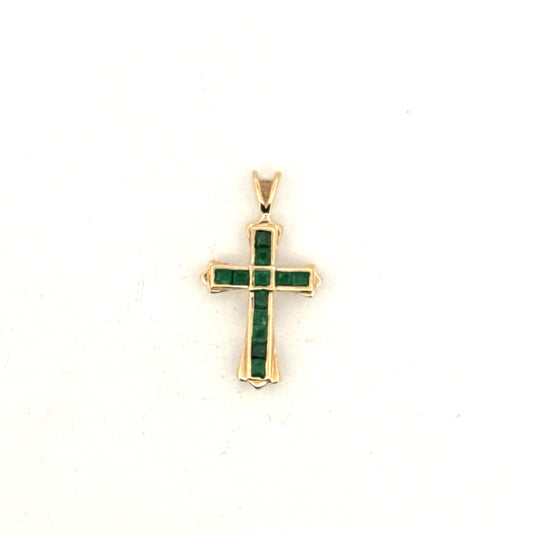 Natural Emerald Cross Pendant in 10K Yellow Gold