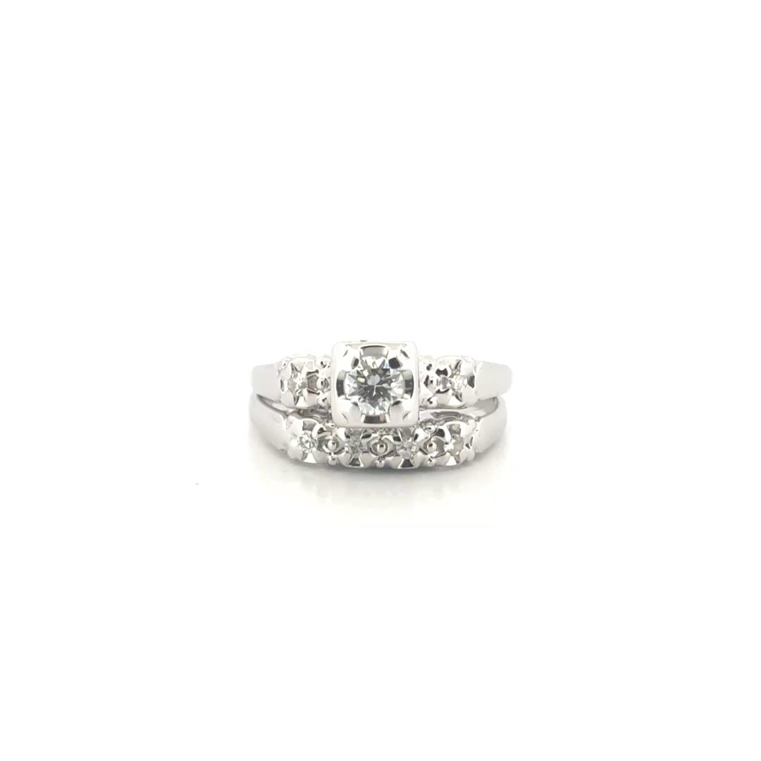 Natural Diamond Ring Set in 14K White Gold with Matching Band Sz 5.5