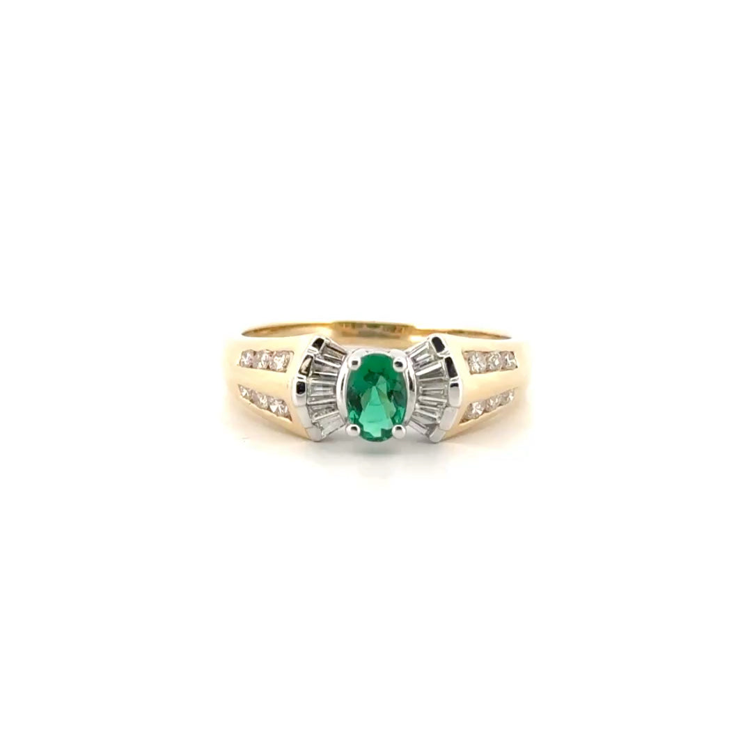 Natural Oval Cut Emerald with Diamond Accent Ring Set in 14K Yellow Gold