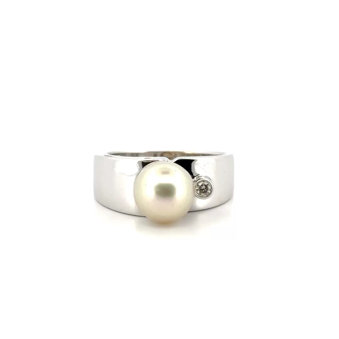 Pearl & Diamond Estate Ring Set in 14K White Gold Sz 7