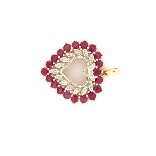Natural Ruby & Diamond Heart Pendant Set in 14K Yellow Gold