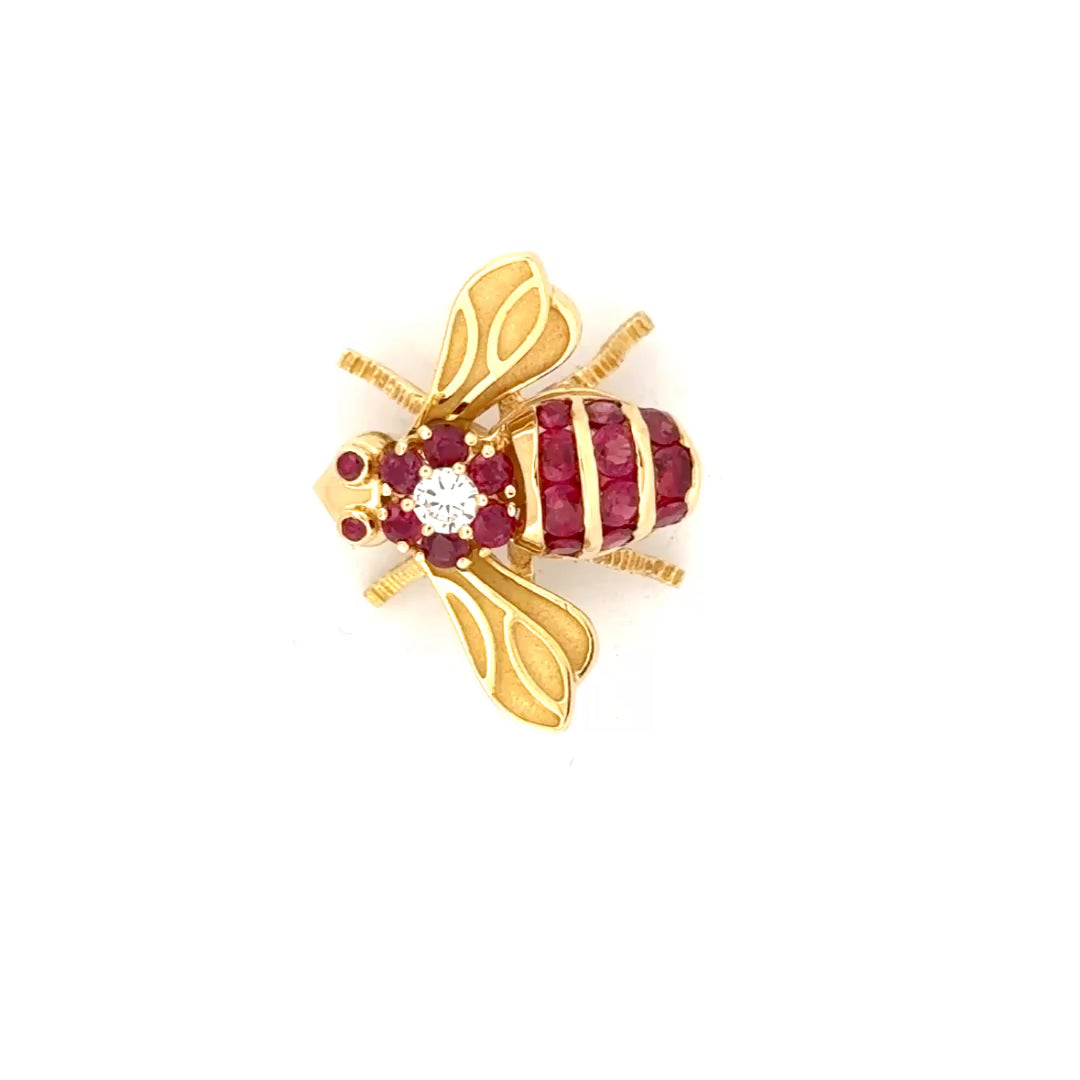 Natural Diamond & Ruby Bee Pin Set in 18K Yellow Gold