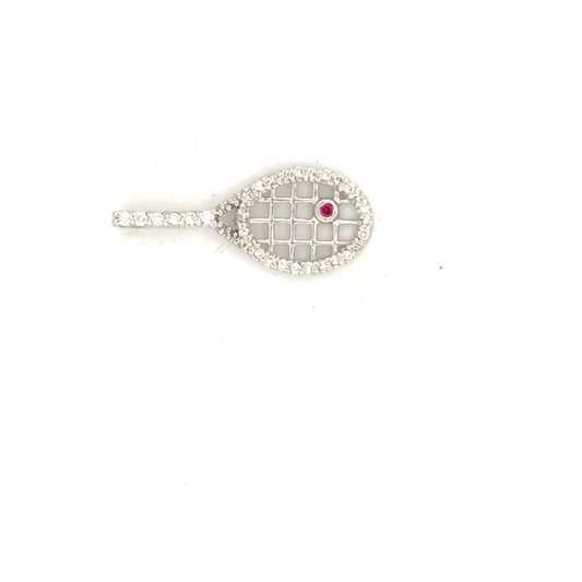 Natural Diamond & Ruby Tennis Racket Pendant in 18K White Gold