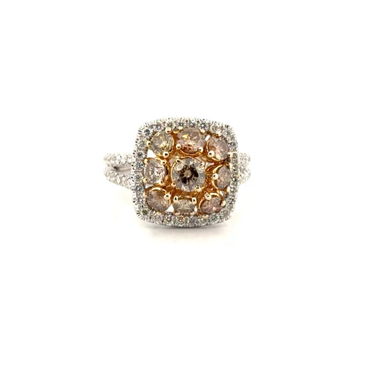 Champagne Diamond Halo Cluster Statement Ring Featuring 1.78cttw. Diamond Set in 14K White Gold