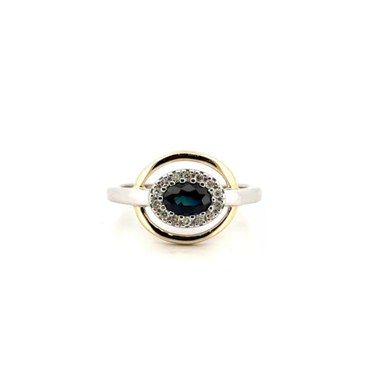Vintage Blue Sapphire & Diamond Halo Ring in 9K Yellow & White Gold