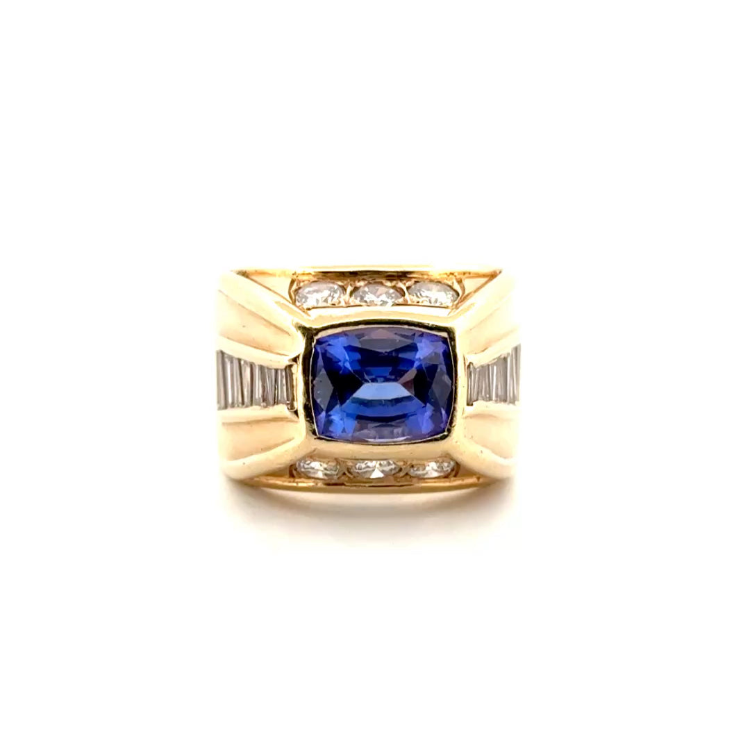 2.69ct. Tanzanite Estate Cigar Band Ring with 1.57cttw. Natural Diamonds Set in 14K Yellow Gold Sz 7