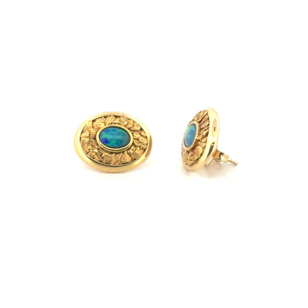 Black Opal Nugget Style Earrings Set in 18K Yellow Gold